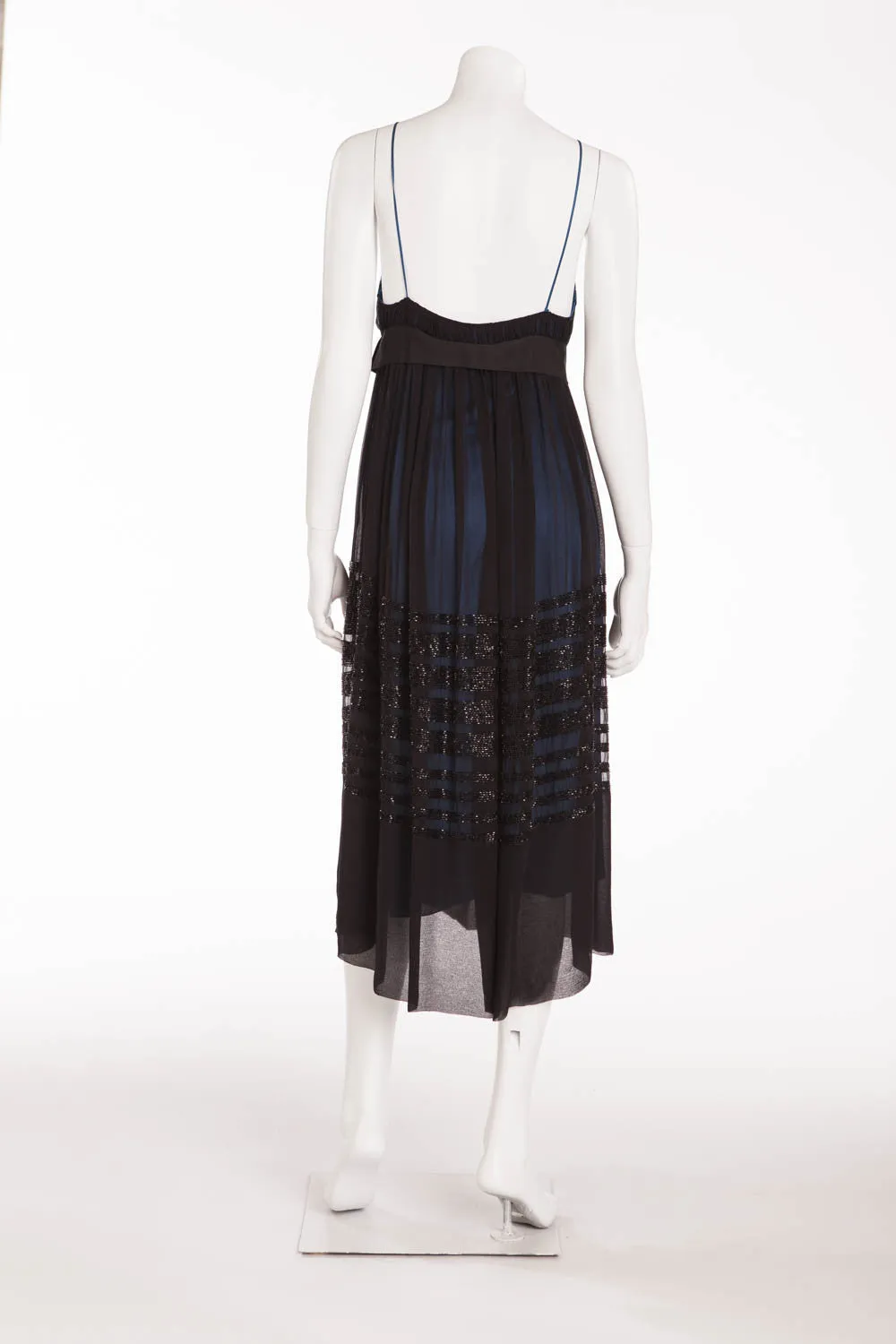Chloe - Black Chiffon Spaghetti Dress Navy Blue Lining with Bead Trim - FR 38