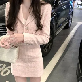 Christmas Gift Deanwangkt Autumn 2 Piece Dress Set Women Korean Fashion Suit Office Lady Pure Color Elegant Skirt   Long Sleeve Vintage Coat Female