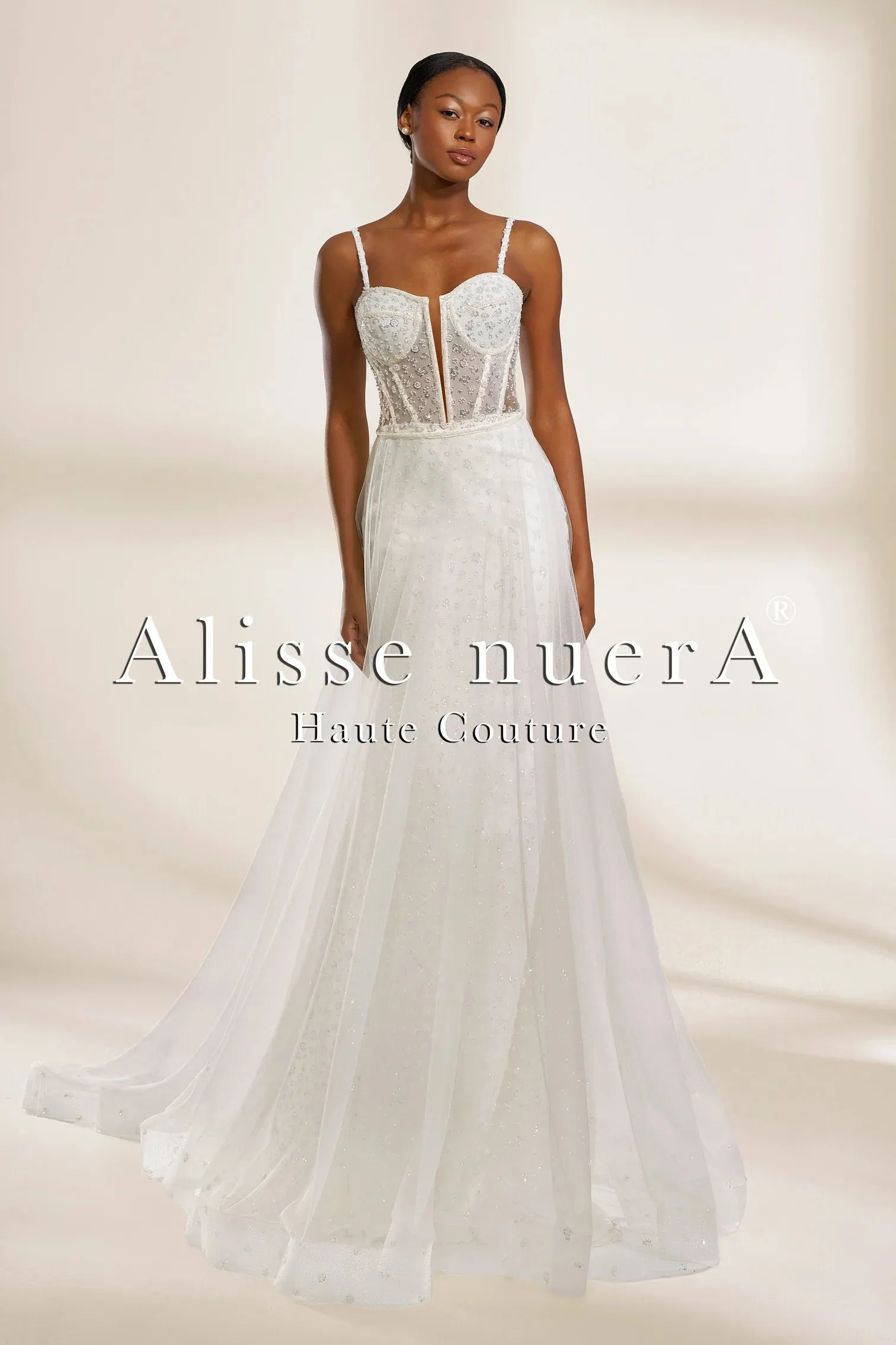 Convertible Polka Dot Lace Mermaid and A Line Wedding Dress with Sheer Overskirt