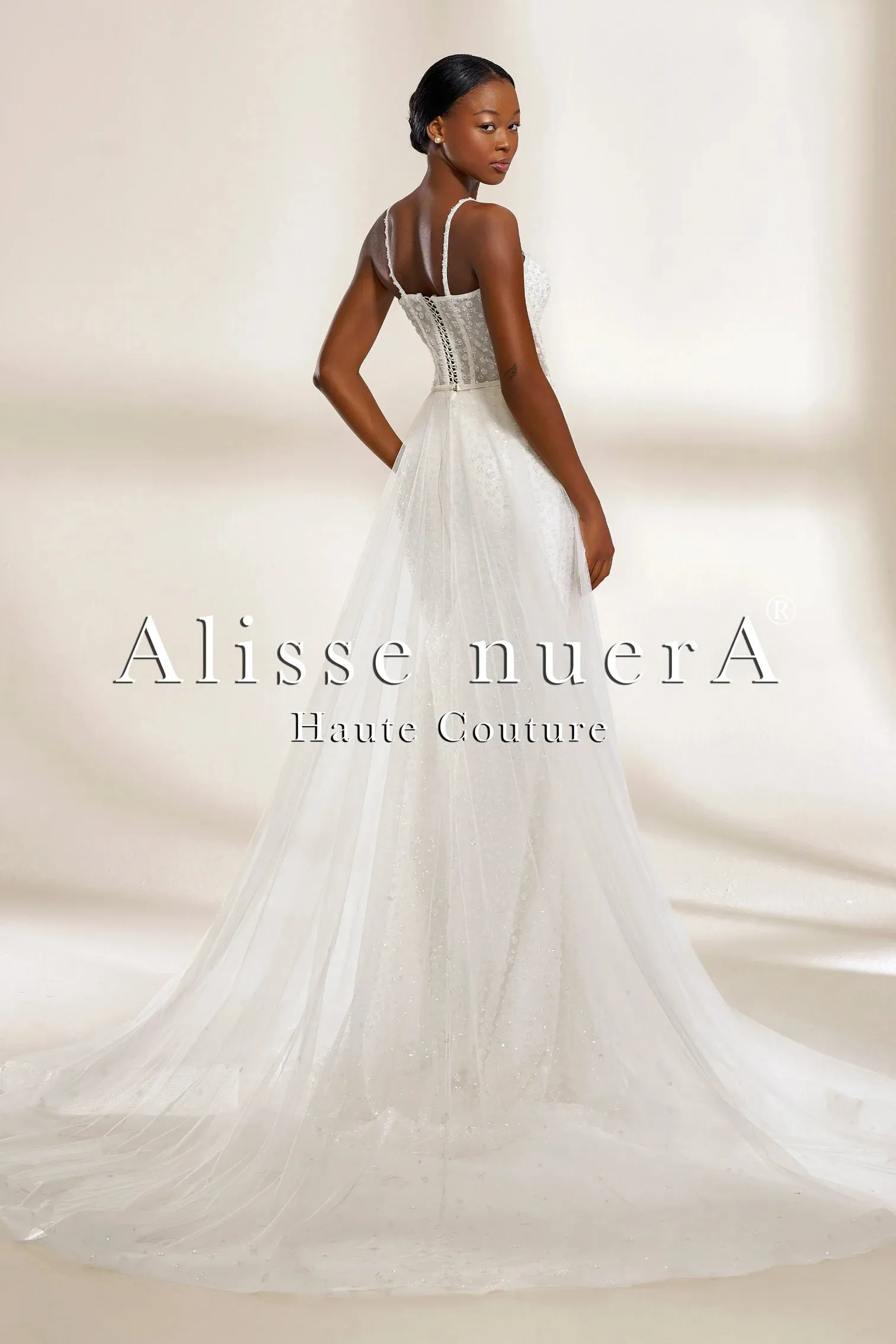 Convertible Polka Dot Lace Mermaid and A Line Wedding Dress with Sheer Overskirt