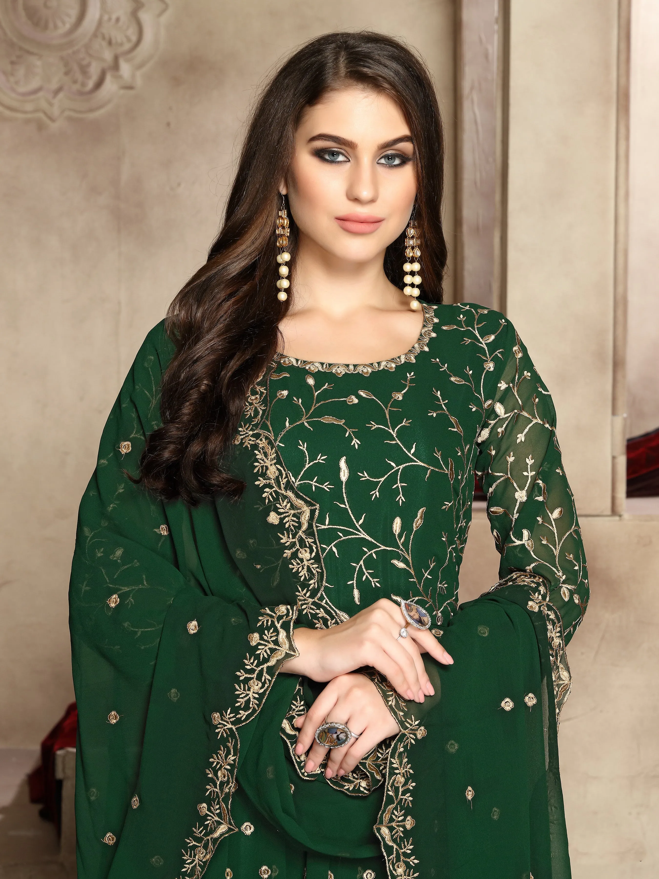 Dark Green Heavy Embroidered Georgette Anarkali Suit