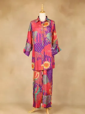 Dark Pink Salwar Suit Adorned with Printed Flower Design and with Collar and 3/4 Sleeve