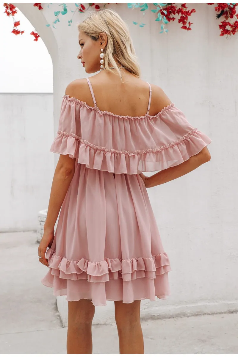 Elegant ruffle off shoulder Spaghetti strap chiffon summer dress