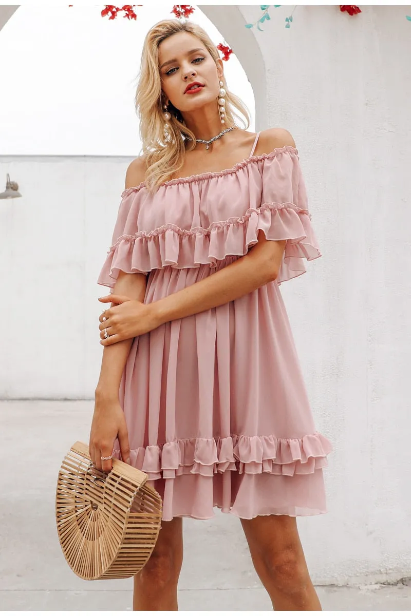 Elegant ruffle off shoulder Spaghetti strap chiffon summer dress
