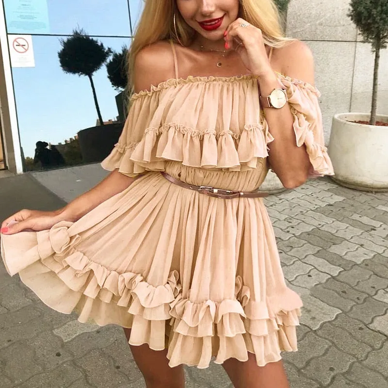 Elegant ruffle off shoulder Spaghetti strap chiffon summer dress