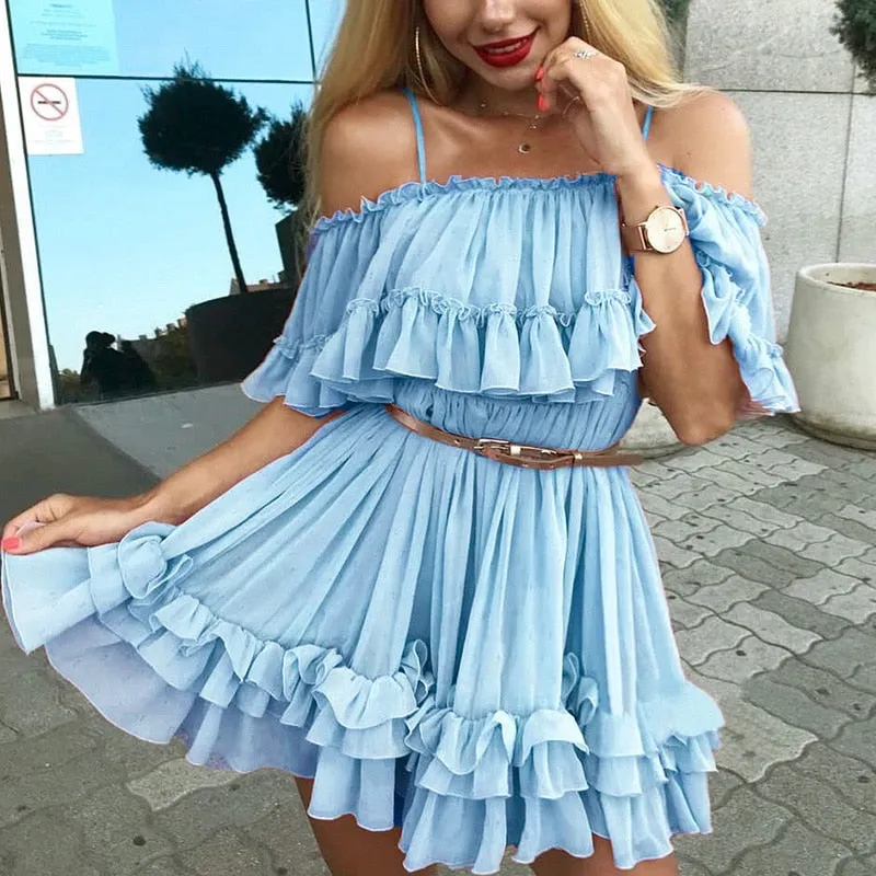 Elegant ruffle off shoulder Spaghetti strap chiffon summer dress