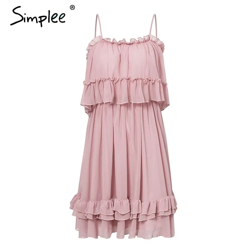 Elegant ruffle off shoulder Spaghetti strap chiffon summer dress