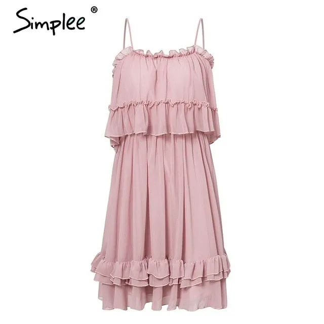 Elegant ruffle off shoulder Spaghetti strap chiffon summer dress