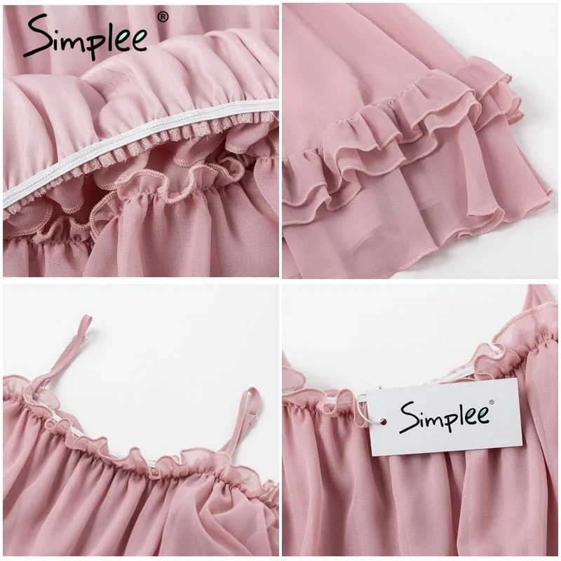 Elegant ruffle off shoulder Spaghetti strap chiffon summer dress