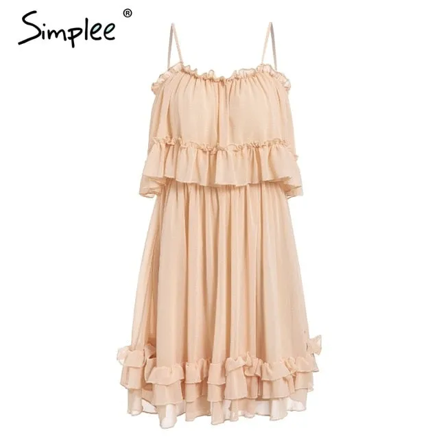 Elegant ruffle off shoulder Spaghetti strap chiffon summer dress