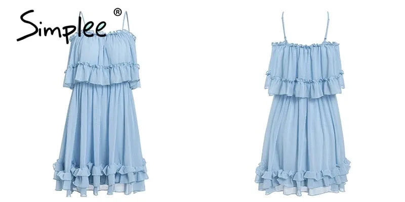 Elegant ruffle off shoulder Spaghetti strap chiffon summer dress