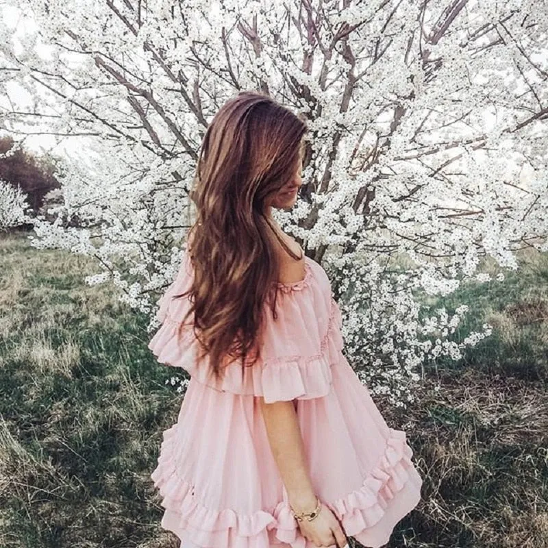 Elegant ruffle off shoulder Spaghetti strap chiffon summer dress