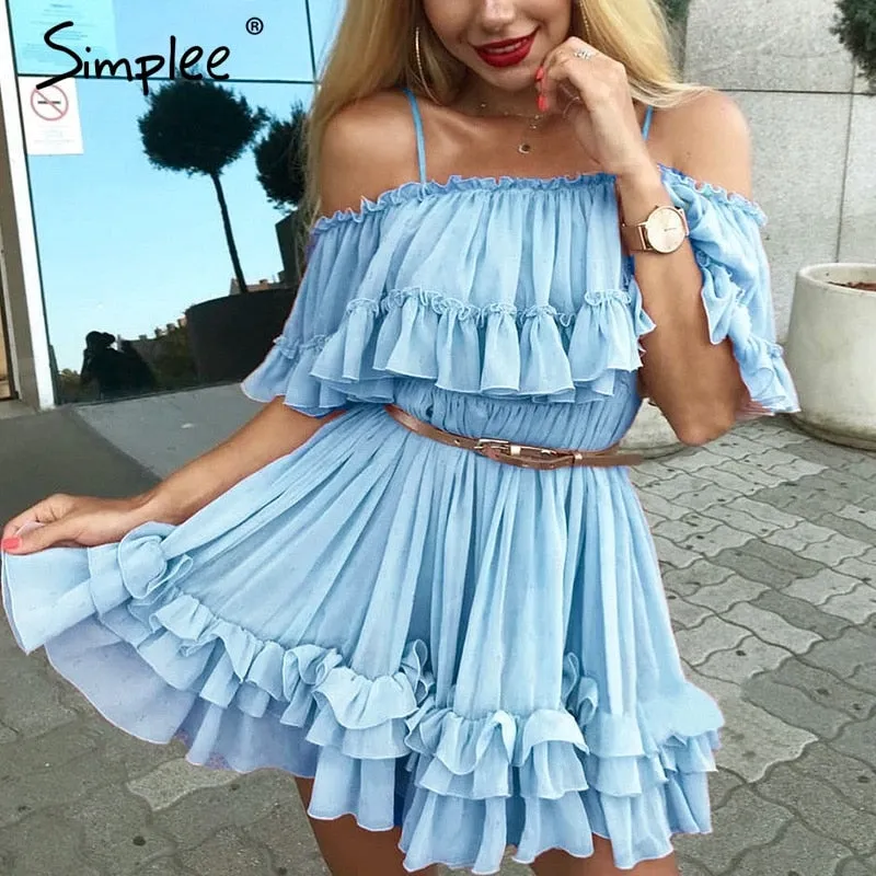 Elegant ruffle off shoulder Spaghetti strap chiffon summer dress