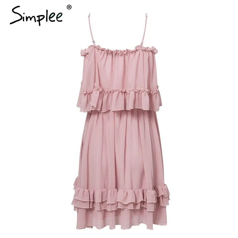 Elegant ruffle off shoulder Spaghetti strap chiffon summer dress