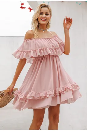 Elegant ruffle off shoulder Spaghetti strap chiffon summer dress