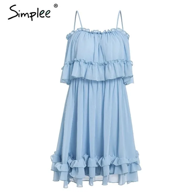 Elegant ruffle off shoulder Spaghetti strap chiffon summer dress