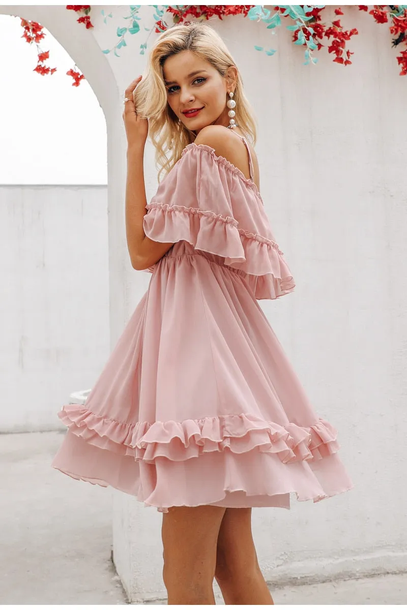 Elegant ruffle off shoulder Spaghetti strap chiffon summer dress