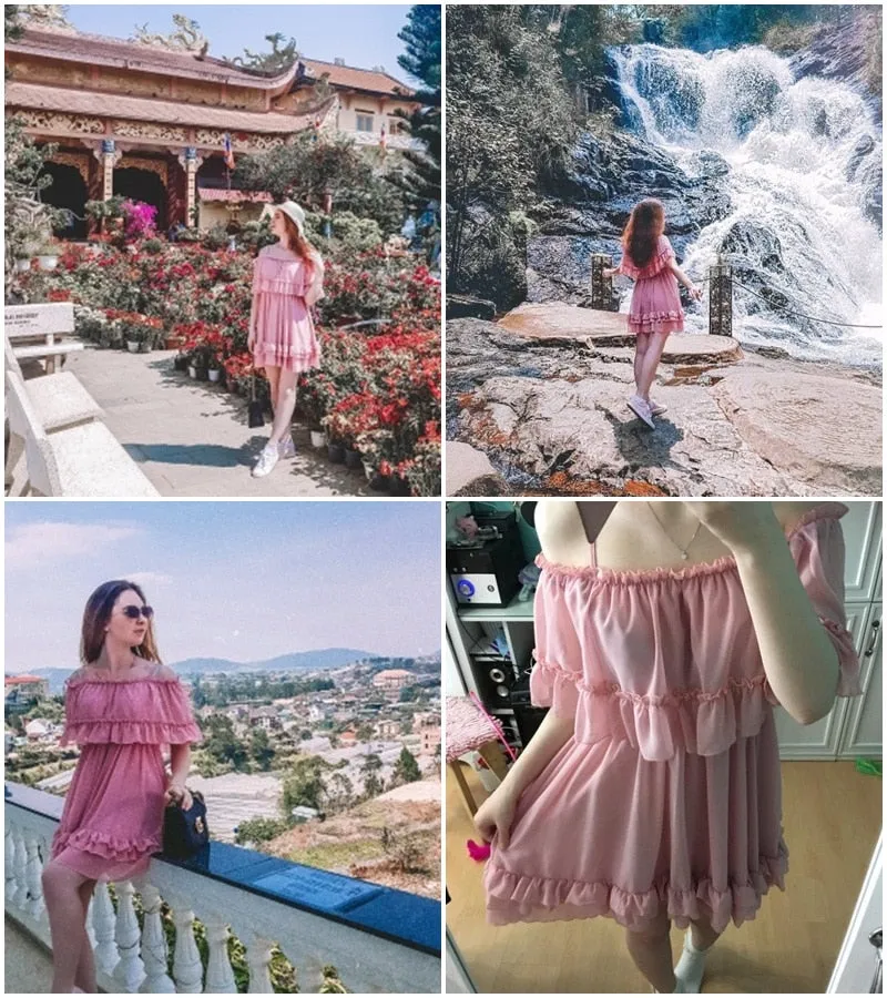 Elegant ruffle off shoulder Spaghetti strap chiffon summer dress