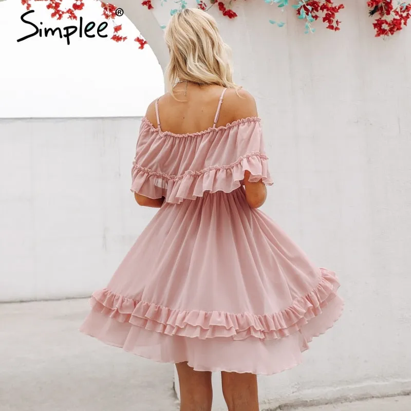 Elegant ruffle off shoulder Spaghetti strap chiffon summer dress