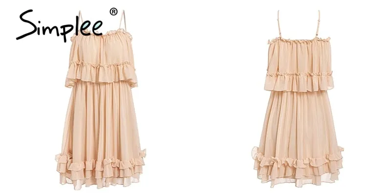 Elegant ruffle off shoulder Spaghetti strap chiffon summer dress