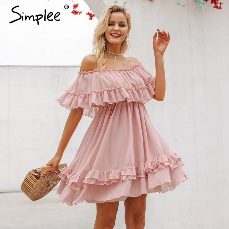 Elegant ruffle off shoulder Spaghetti strap chiffon summer dress
