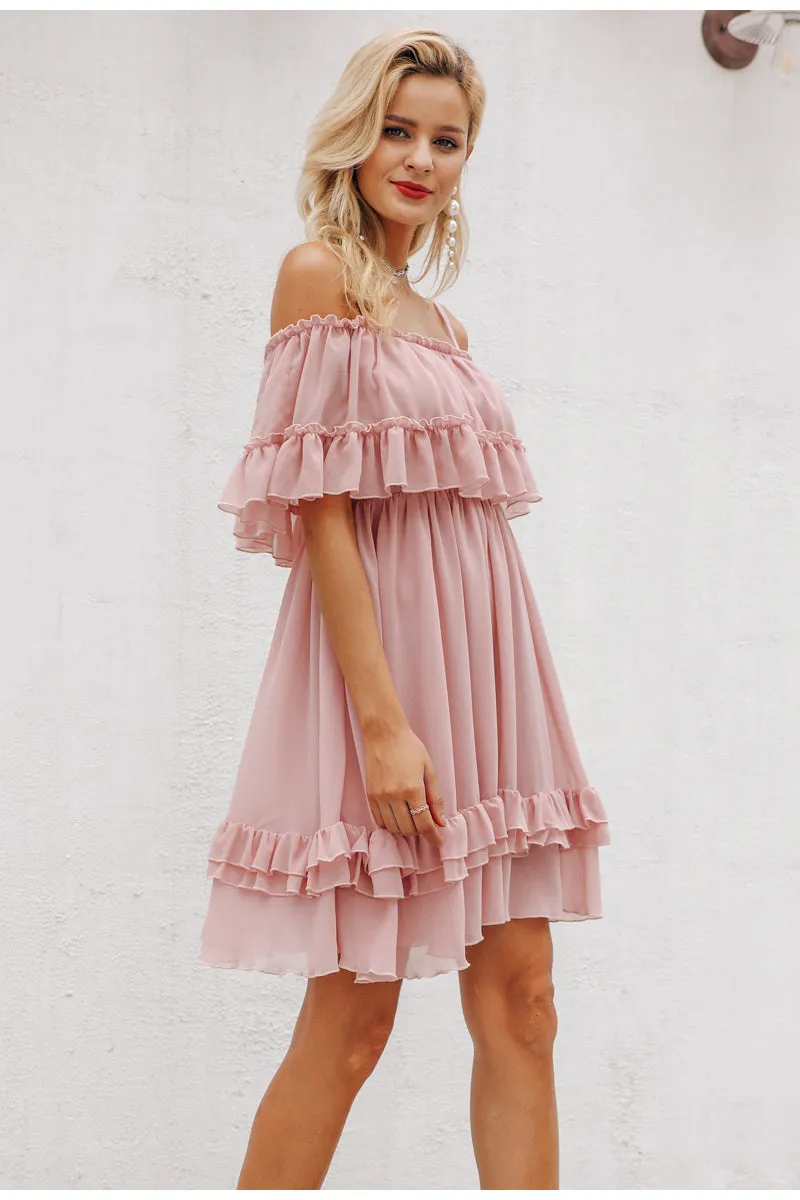 Elegant ruffle off shoulder Spaghetti strap chiffon summer dress