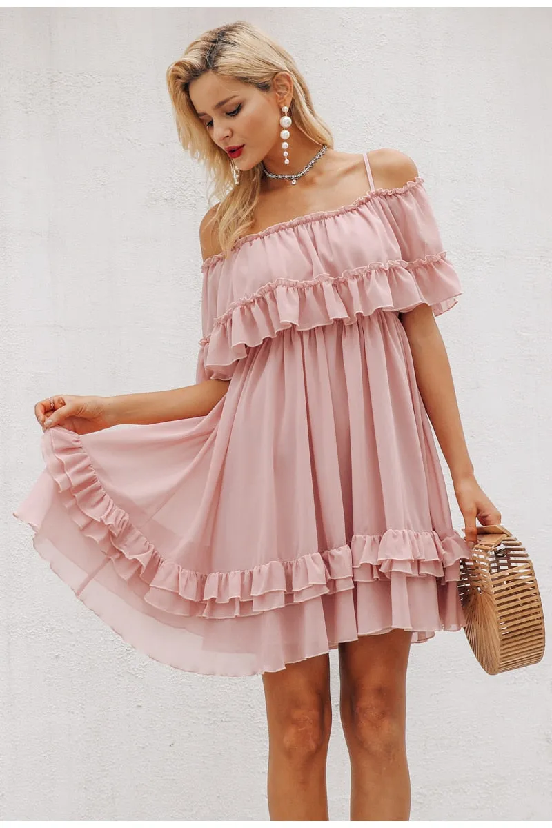 Elegant ruffle off shoulder Spaghetti strap chiffon summer dress