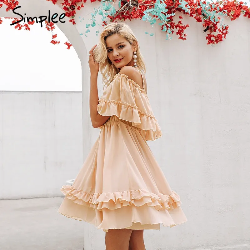 Elegant ruffle off shoulder Spaghetti strap chiffon summer dress