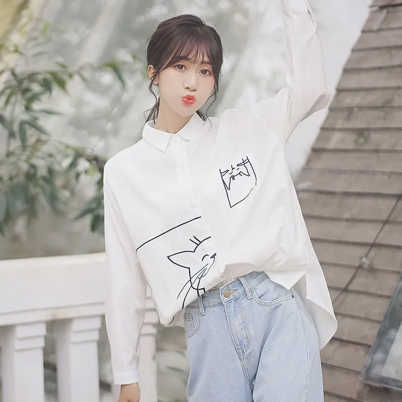 Fashion College Style Cat Embroidered Lapel White Shirt