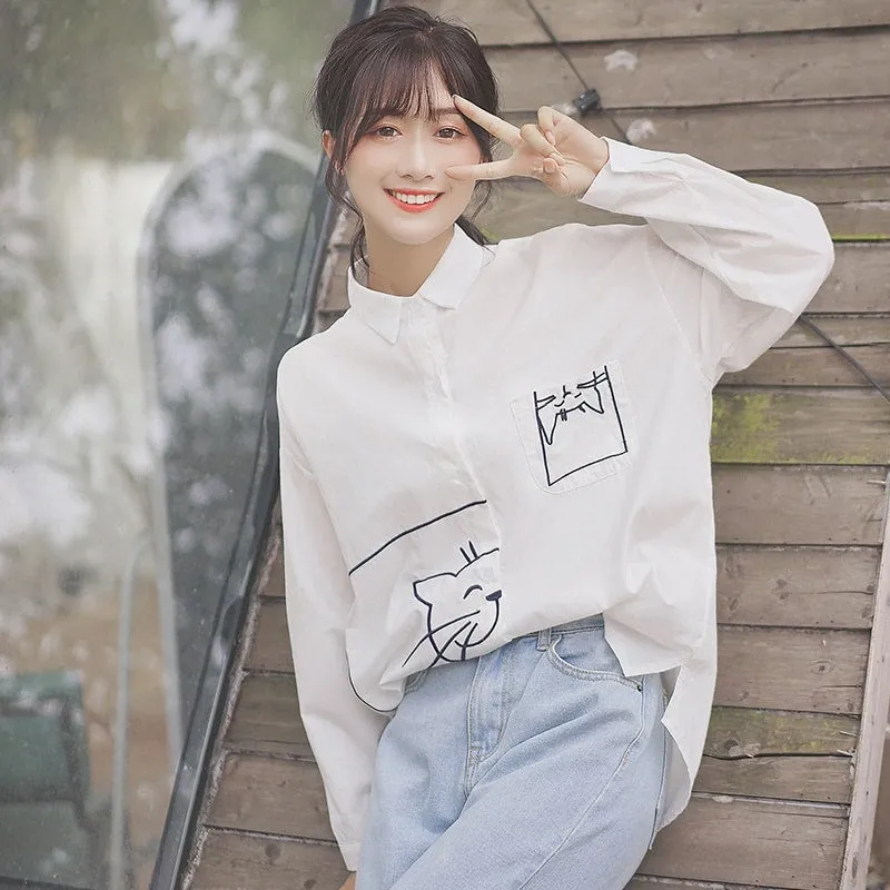 Fashion College Style Cat Embroidered Lapel White Shirt