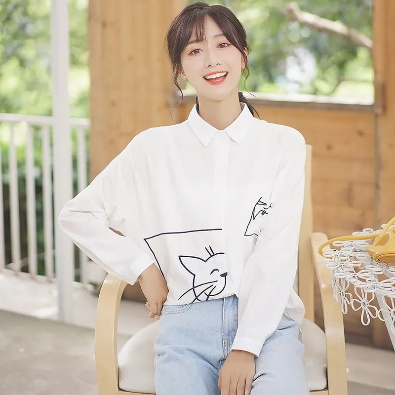 Fashion College Style Cat Embroidered Lapel White Shirt