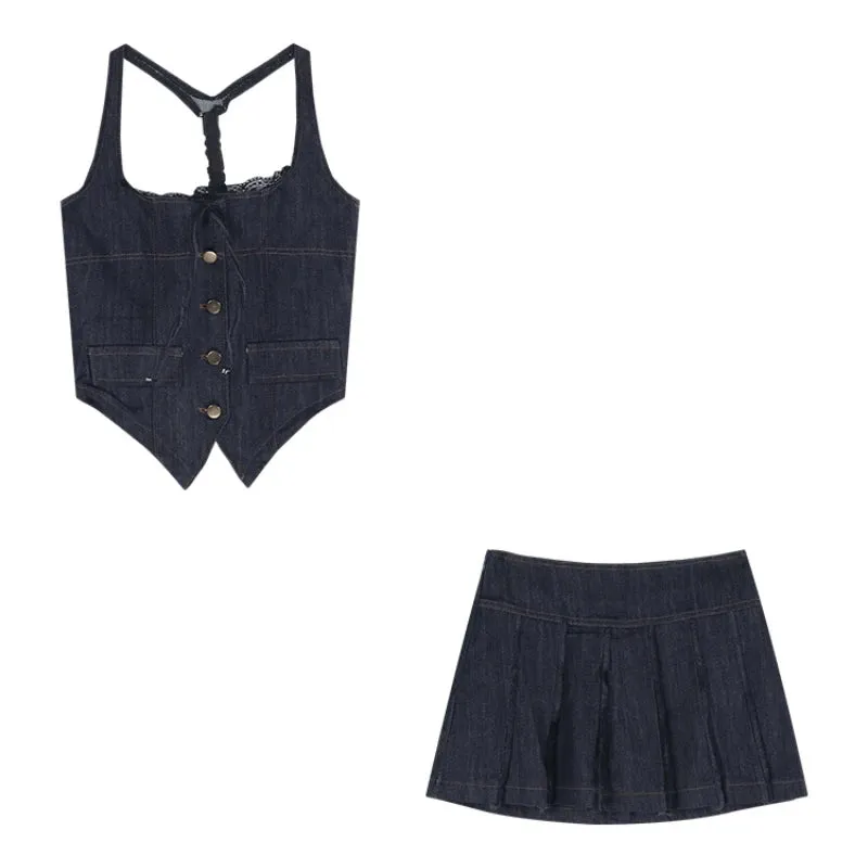 Girlary 2024 Summer New High Street Casual Pleated Denim A-line Skirt Women   Lace Splicing Backless Sexy Camisole Two-piece Suit