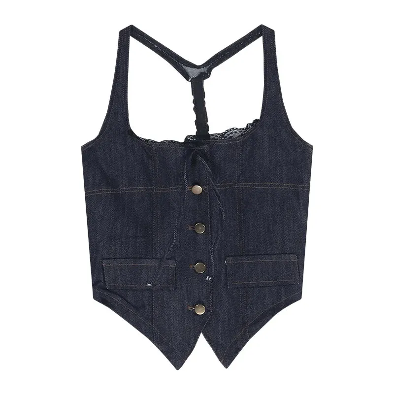 Girlary 2024 Summer New High Street Casual Pleated Denim A-line Skirt Women   Lace Splicing Backless Sexy Camisole Two-piece Suit