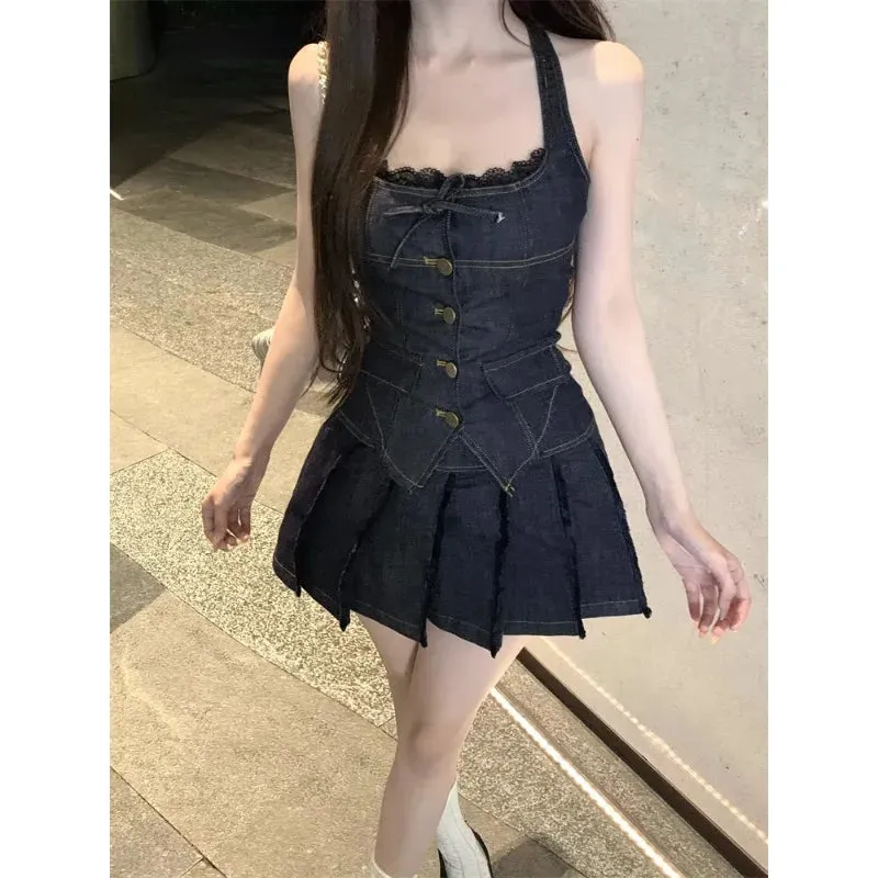 Girlary 2024 Summer New High Street Casual Pleated Denim A-line Skirt Women   Lace Splicing Backless Sexy Camisole Two-piece Suit
