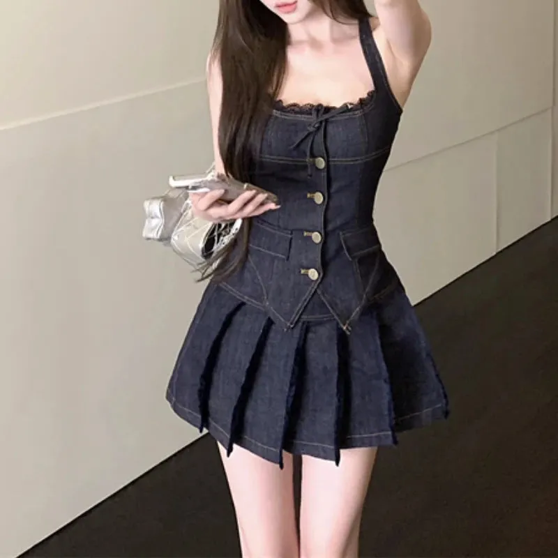 Girlary 2024 Summer New High Street Casual Pleated Denim A-line Skirt Women   Lace Splicing Backless Sexy Camisole Two-piece Suit