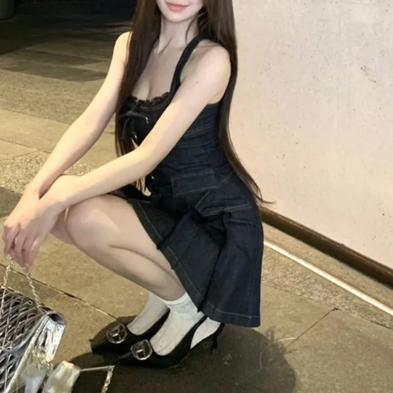 Girlary 2024 Summer New High Street Casual Pleated Denim A-line Skirt Women   Lace Splicing Backless Sexy Camisole Two-piece Suit