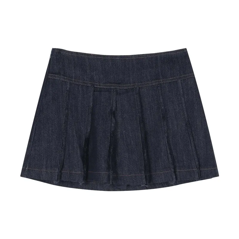 Girlary 2024 Summer New High Street Casual Pleated Denim A-line Skirt Women   Lace Splicing Backless Sexy Camisole Two-piece Suit
