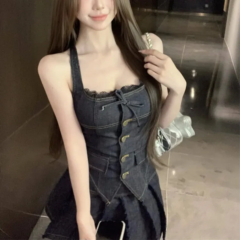 Girlary 2024 Summer New High Street Casual Pleated Denim A-line Skirt Women   Lace Splicing Backless Sexy Camisole Two-piece Suit
