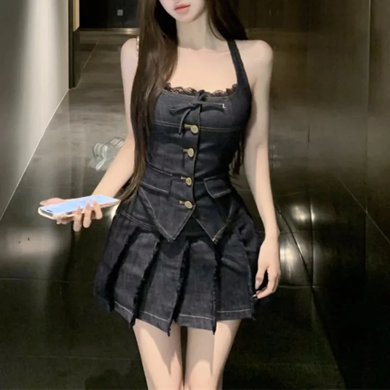 Girlary 2024 Summer New High Street Casual Pleated Denim A-line Skirt Women   Lace Splicing Backless Sexy Camisole Two-piece Suit