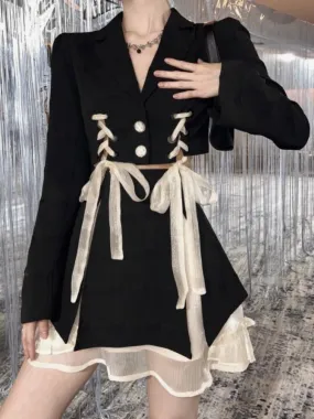 Girlary French Chic Elegant 2 Piece Sets Women Outfit Patchwork Vintage Bow Skirt Suit Female Korean Fashion Designer Casual Set