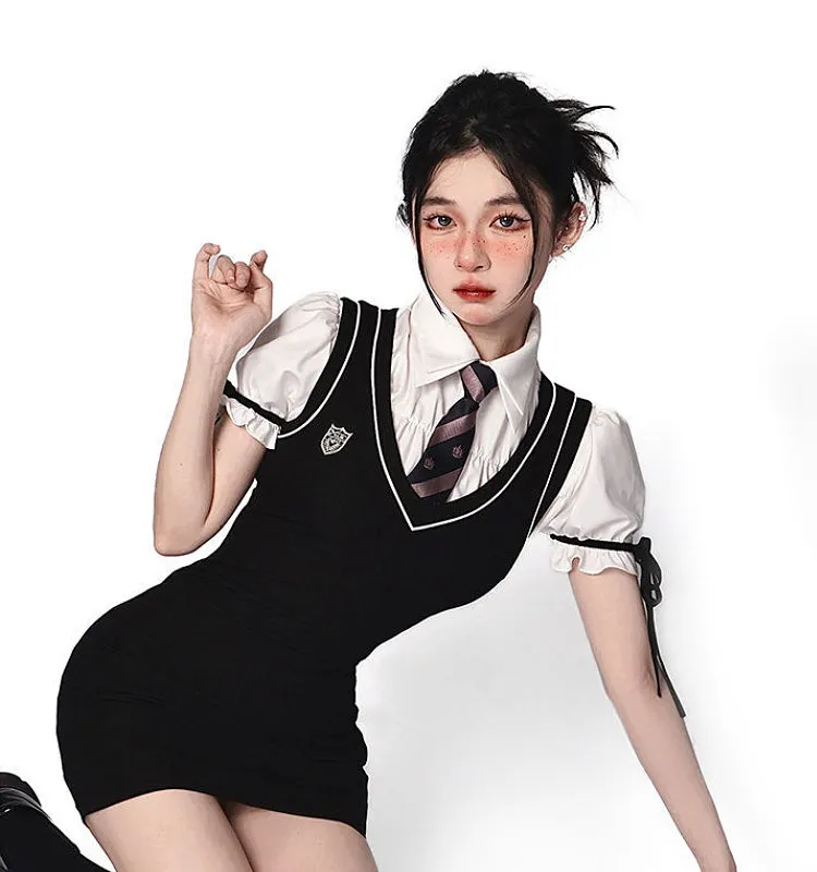 Korean Preppy Style Black Vest Dress