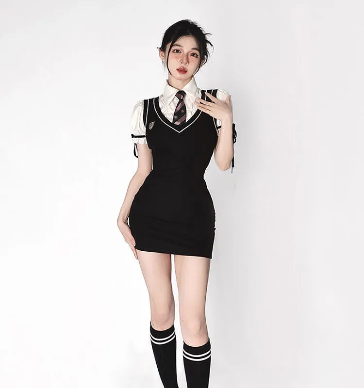 Korean Preppy Style Black Vest Dress