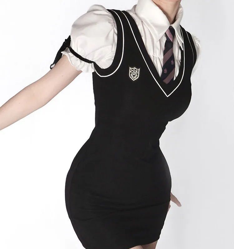 Korean Preppy Style Black Vest Dress