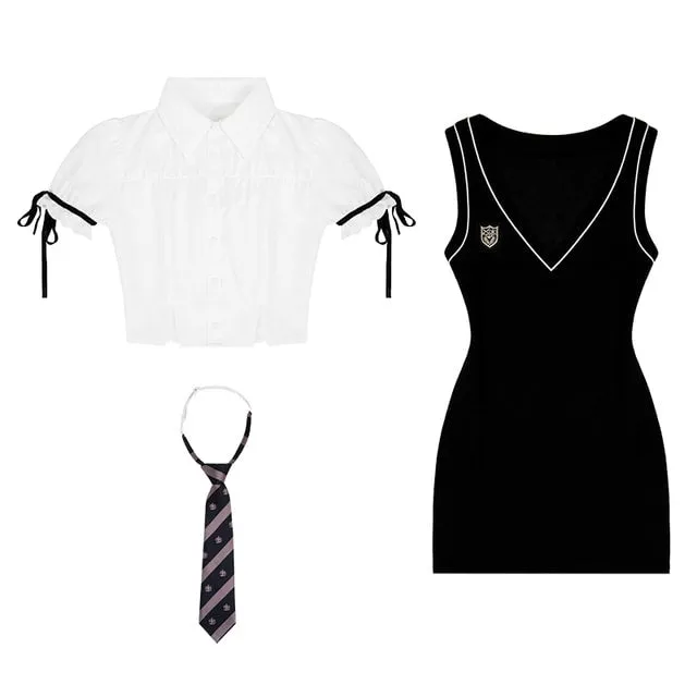 Korean Preppy Style Black Vest Dress