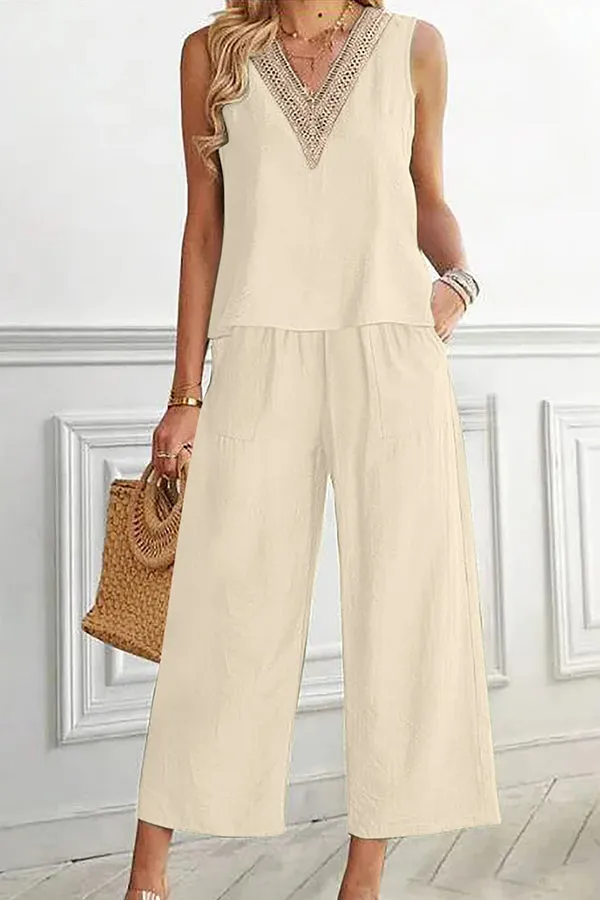 Mchoice Women's Summer Outfits Fashion V-neck Solid Color Sleeveless Tops and Loose Pocket Pants Suit