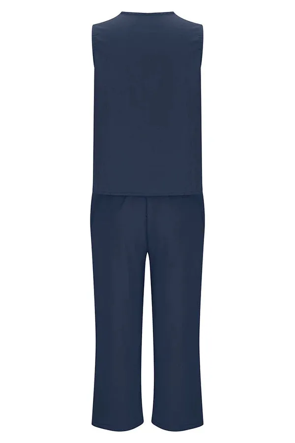 Mchoice Women's Summer Outfits Fashion V-neck Solid Color Sleeveless Tops and Loose Pocket Pants Suit