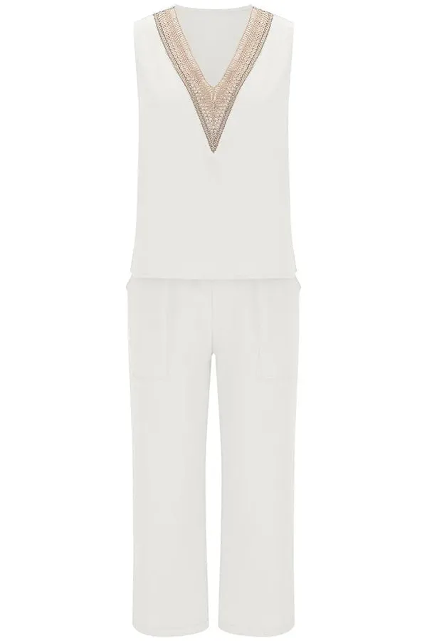 Mchoice Women's Summer Outfits Fashion V-neck Solid Color Sleeveless Tops and Loose Pocket Pants Suit