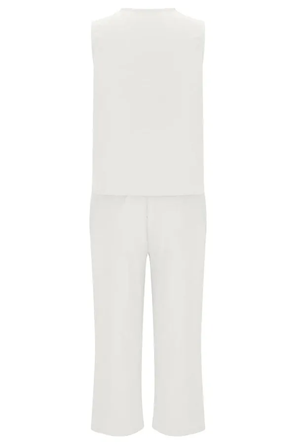 Mchoice Women's Summer Outfits Fashion V-neck Solid Color Sleeveless Tops and Loose Pocket Pants Suit