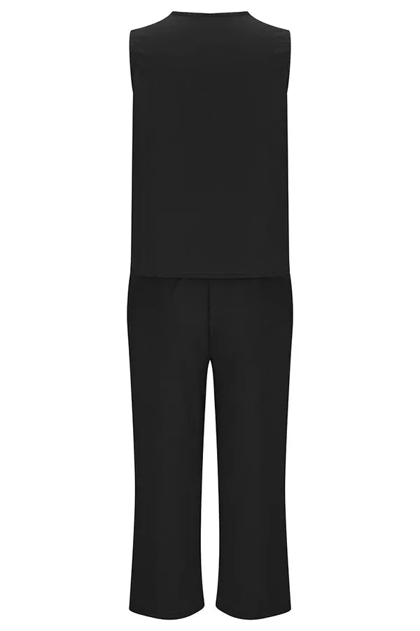 Mchoice Women's Summer Outfits Fashion V-neck Solid Color Sleeveless Tops and Loose Pocket Pants Suit