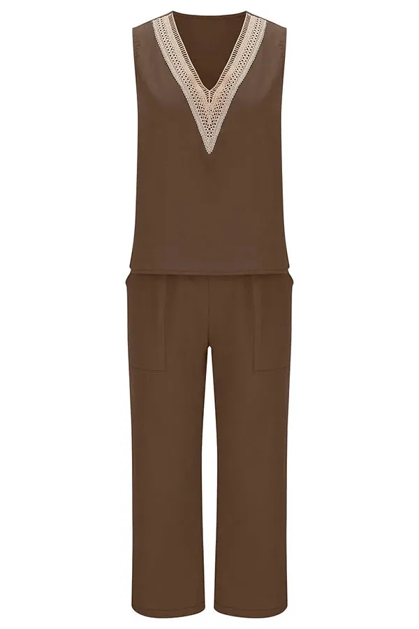 Mchoice Women's Summer Outfits Fashion V-neck Solid Color Sleeveless Tops and Loose Pocket Pants Suit